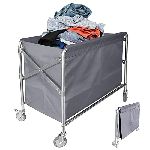 Folding Laundry Cart Commercial Rolling Laundry Basket Trucks With Wheels 440Lbs Load Capacity Stainless Steel Laundry Trolley Cart For Industrial/Home 34 * 21 * 31Inches (Gray) #TOP21
