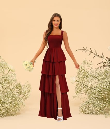 Square Neck Spaghetti Strap Tiered Bridesmaid Dresse Long for Women Sleeveless Formal Dresses with Slit DI2463