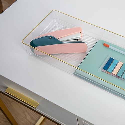 Image of Martha Stewart Kerry Plastic Stackable Office Desk Drawer Organizers, 15 inch x 6 inch, 2 Pack, with Gold Trim