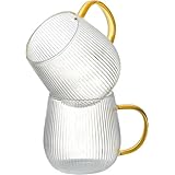 GLASKEY ホウケイ酸ガラス コーヒーカップ 2パック,370ml カプチーノカップ おしゃれな縦縞模様、食洗機・電子レンジ対応 耐熱ガラス 紅茶、コーヒー、ラテ、ホット＆コールド飲料用ファンシー