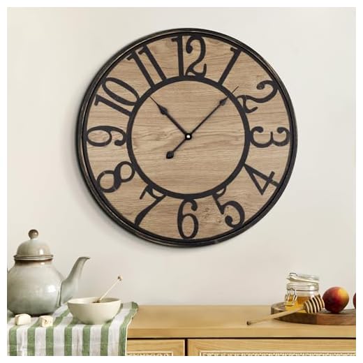 Maxstar Large Wall Clock Silent Bronze Rustic Farmhouse Metal & Wood Clocks with Arabic Numeral, Battery Operated Wall Clocks Decorative for Living Room Bedroom Office Home Decor 20inch