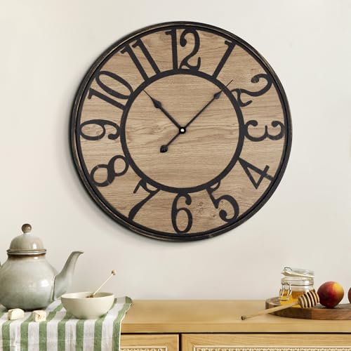 Maxstar Wall Clock Silent Bronze Rustic Farmhouse Metal Wood Clocks with Arabic Numeral Battery Operated Wall Clocks Decorative for Living Room Bedroom Office Home Decor 16inch