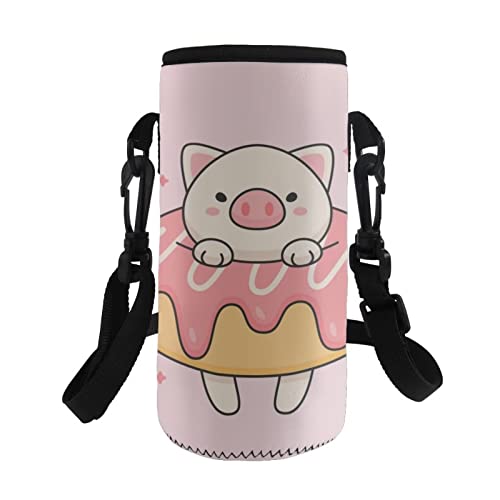 COEQINE Pink Pig Doughnut Print Cute Water Bottle Carrier Bag Adjustable Shoulder Strap for Kids Adult Hiking Walking School Insulated Water Bottle Sling Holder Bag