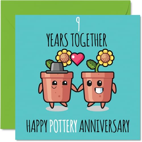Cute Pottery Anniversary Card for Boyfriend Girlfriend - 9 Years Together - Happy 9th Wedding Anniversary Cards for Women Men, 145mm Greeting Cards Anniversaries