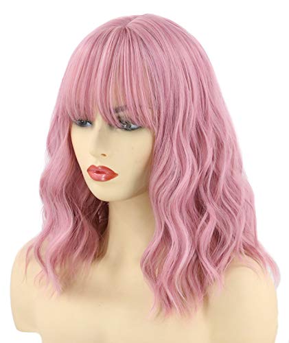 Topcosplay Womens Wig Pastel Pink Wigs Short Wavy Curly Shoulder Length Bob Hair Wigs with Air Bangs
