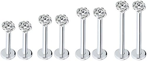 Injoy Jewelry 4 Pairs 16G Stainless Steel 3mm Round Cubic Zircon Lip Studs Labret Monroe Nose Tragus Helix Ear Piercing Jewelry 6-12mm Bar Length