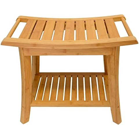 Zhuoyue Bamboo Spa Bath Shower Stool & Bench with Storage Shelf, Shower Bath Seats for Adults Seniors Women Elderly Tileable Cover