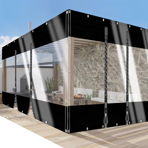 SSFMSF Bâche Transparente avec Œillets Rideaux D'extérieur Extérieure Multifonctionnelle avec 2 Fermetures Éclair, pour Extérieur Jardin Balcon Pergola. (H:2m*W:2m | 500g/m²) Noir + Transparent