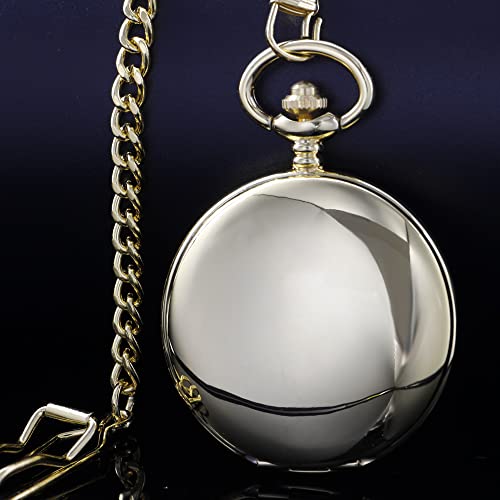 Image of Mens Pocket Watch Skeleton Mechanical Hand Winding Half Hunter Silver Black Golden Case Roman Numerals with Gift Box
