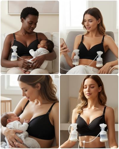 Image of Pumping Bra Hands Free Adjustable V Neck Nursing and Pumping Bra with Nursing Pads Holding Breast Pumps