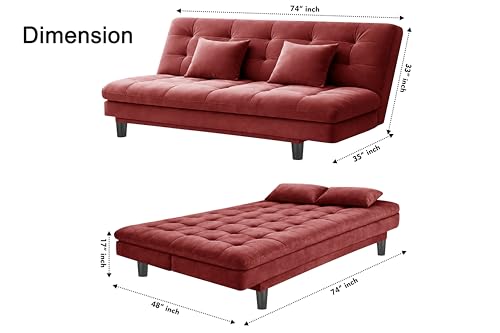 Image of 3-Seater Velvet Sofa Cum Bed, Tufted Convertible Sleeper Couch, Space-Saving Design, Comfortable Cushioned Seating - Red