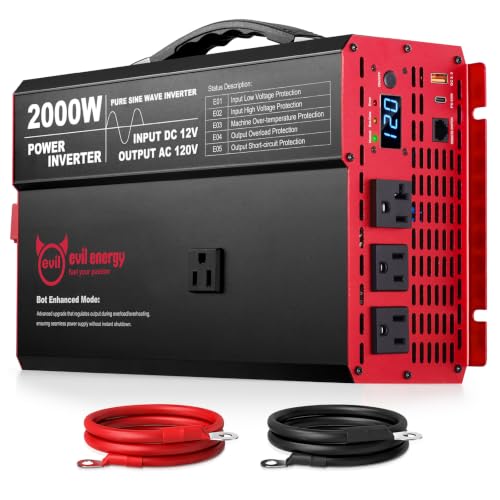 Image of EVIL ENERGY 2000W 12V DC to 120V AC Pure Sine Wave Inverter for Vehicles, High Performance and Portable Power Inverter with Multiple Device Charging for RV Truck Camping Solar Off Grid Emergency Use