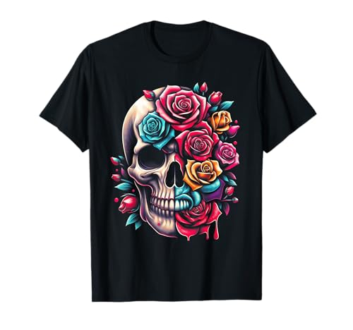 Half Flower Half Skull Sugar Roses for Women Girls Halloween T-Shirt