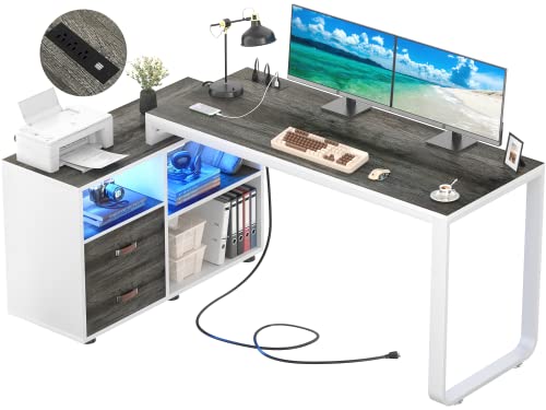 Homieasy L Shaped Desk with File Cabinet & Power Outlet