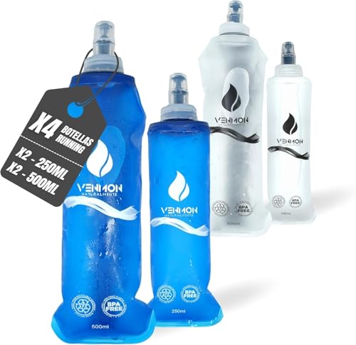 Gourde sans BPA pour la course, gourde d’eau de sport, réutilisable, très robuste, lot de 4 (2 x 500 ml avec sangle dorsale et 2 x 250 ml)