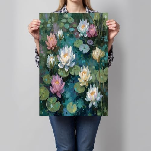 Póster grande JRISEMECY de estanque de nenúfares turquesa, pintura antigua de 70x100cm sin marco