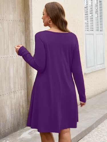 Image of AusLook Women's Plus Midi Dress Long Sleeve Crew Neck A-Line Swing Flowy Vacation Fall Wedding Guest Dresses with Pocket 1-5X
