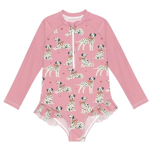 Girls Long Sleeve Swimsuit Dalmatian Dogs One Piece Bathing Suit Zipper UPF 50+ Rashguard Swimwear 3-12Y