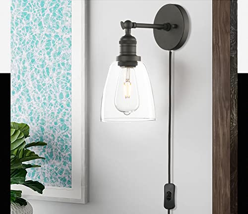 Image of Phansthy Bathroom Vanity Light Matte Black Plug in Wall Sconce with 5.5 Inch Clear Glass Light Shade (Black, Bell Glass Shade)