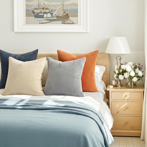 Image of Topfinel 20x20 Set of 4 Boho Couch Throw Pillows Decorative Velvet Pillow Covers for Bed Accent Nordic Corduroy Pillowcase Sofa Living Room Home Decor Blue and Yellow