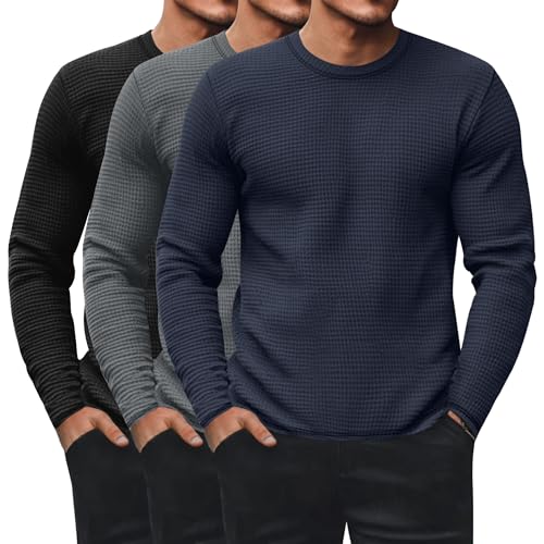 Ficerd Pack de 3 Camisetas Térmicas Manga Larga Waffle Hombre Cuello Redondo, Tops Térmicos y Suéteres Casuales(L,Negro, Gris Oscuro, Azul Marino)
