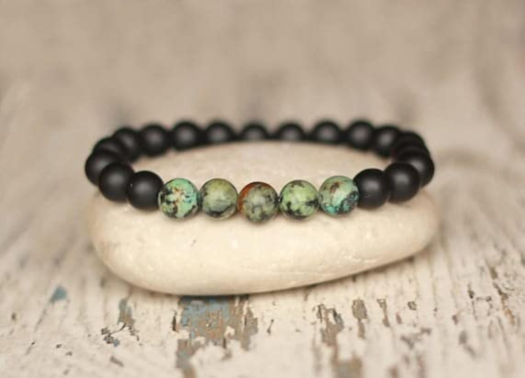 Natural Matte Onyx & African Turquoise 8mm Round Bead Stretchable Bracelet, Unisex