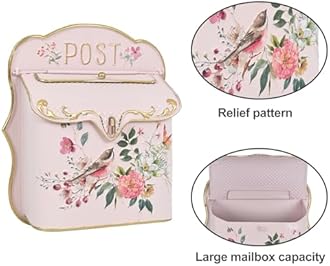 BIG FORTUNE Wall Mount Mailbox for House Outside Vintage Metal Door Mailbox Antique Style Nostalgic Charm Home Decor Garden Vintage English Cottage Decor Flower Patter (Pink)