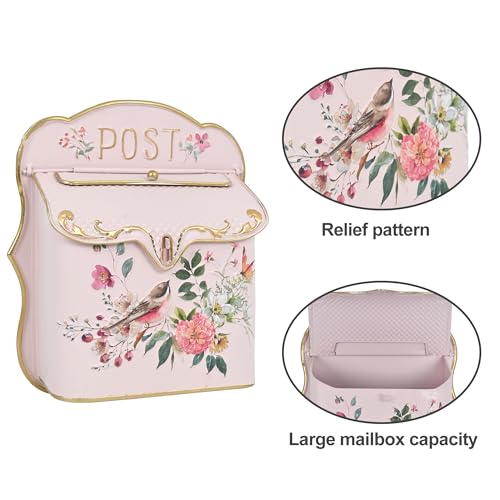 BIG FORTUNE Wall Mount Mailbox for House Outside Vintage Metal Door Mailbox Antique Style Nostalgic Charm Home Decor Garden Vintage English Cottage Decor Flower Patter (Pink)