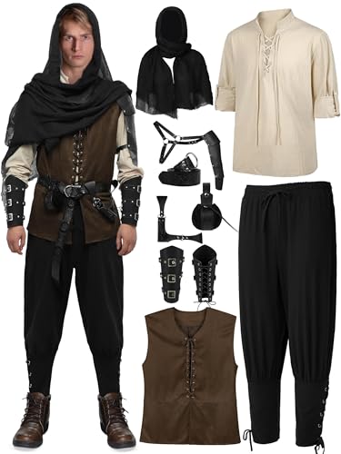 SOMSOC 9 Piece Halloween Men's Renaissance Viking Costume Set Medieval Shirt Pants Vest Scarf Bracer Belt Pouch Shoulder Cape