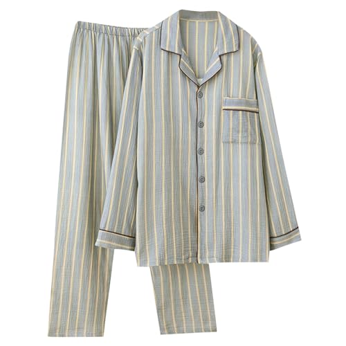 Cambkatl Men's Cotton Pajamas Set Casual Striped Long Sleeve Button Down Shirts and Long Pants Comfy Loose 2 Piece Loungewear
