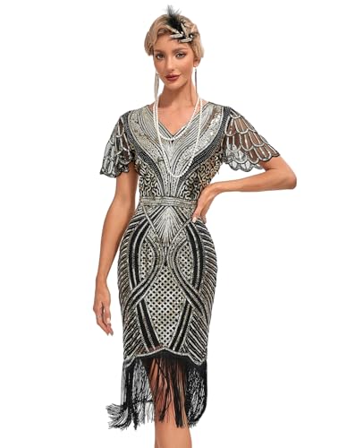 Viloree Ro Rox Evelyn Robe Annee 20 Flapper 1920 Gatsby Robe Soiree Femme Paillette Frange Robe Année 20 Noir & Or (55) M
