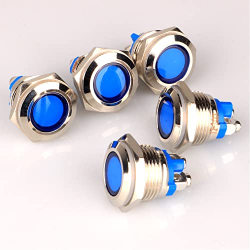 GUUZI 5 Piezas 12V-24V 16mm LED Luz Indicadora de Metal Lámpara de Señal Impermeable con Cable(Azul)