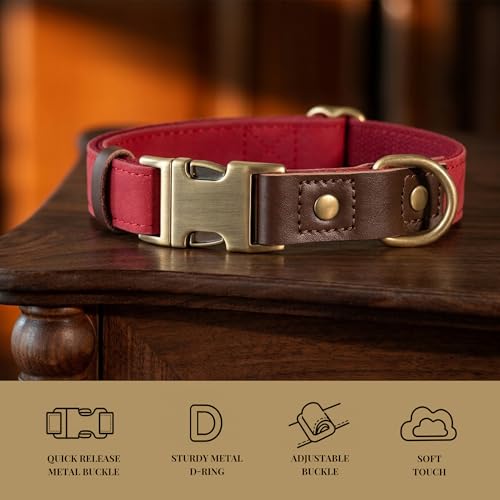 Image of Didog PU Leather Dog Collar for Small Dogs Puppy, Soft Lining, Red S
