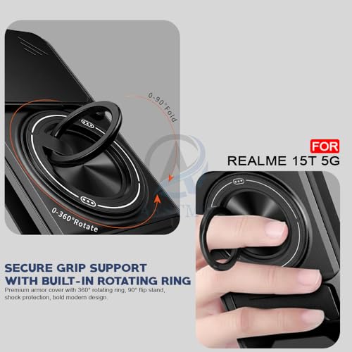 Image of AESTMO Realme 15T 5G / Realme Narzo 90 5G Back Cover | Armor Camera Slider 360 Degree Rotating Finger Ring Holder Case with Bracket Stand Back Case Cover (Compatible with MagSafe Accessories) (Black)