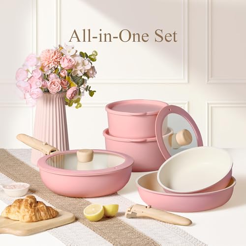 Image of CAROTE Pots and Pans Set, Nonstick Cookware Set Detachable Handle, 19pcs Induction Kitchen Cookware Sets Non Stick with Removable Handle, RV Cookware Set, Oven Safe, Pink