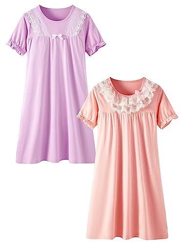 Girls nightgowns 100% cotton vintage victorian nighties 2-pack short sleeve lace princess nightdress bowknot sleepwear 7 years