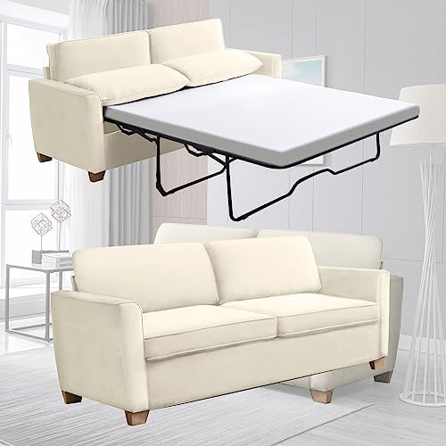 Mjkone 2-in-1 Pull Out Sofa Bed, Queen Size Velvet Sleeper Sofa Bed with Folding Foam Mattress, Pull Out Couch Bed for Living Room/Apartment/Small Spaces(Queen, Beige)