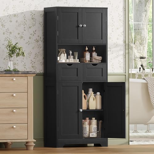 Image of TEENFON 57.8 inch H Tall Storage Cabinet with 2 Drawers & 2 Adjustable Shelves, Floor Cabinet with 4 Doors, Tall Cabinet for Living Room, Dining Room, Entryway, Black