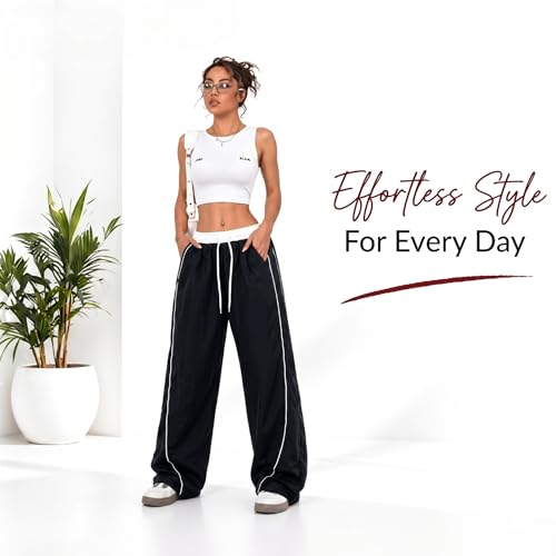 Image of Women's Baggy Loose Fit Wide Leg Track Pants | Elastic Waist Drawstring Casual Lounge Trousers with Side Stripe and Pockets