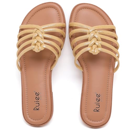 Wide Width Sandals for Women, Summer Wide Feet Flat Slides Sandals Casual Comfort Strap Slip on Sandals Open Toe Beach Womens Sandal. 11 X-Wide Gold P