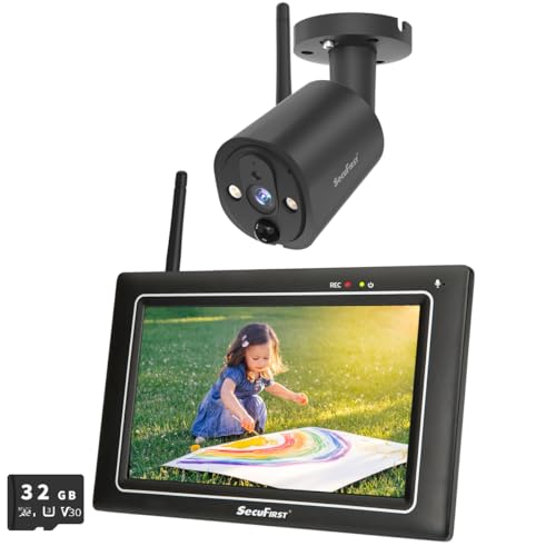 SecuFirst Kit de caméra de Surveillance extérieure avec Moniteur intérieur, écran Tactile 7 Pouces avec mémoire Extensible jusqu'à 2 to, Fonctionne sans Wi-FI, caméra extérieure 2K, 32 Go.