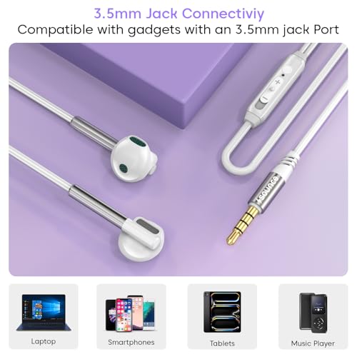 Image of Sounce BassPulse In Ear 3.5mm Wired Headset with Deep Bass 14.2mm Dynamic Driver HD Mic In-Line Music Controls Tangle-Free Durable TPE Cable Sweatproof Lightweight Earphones for Phones Tablets (White)