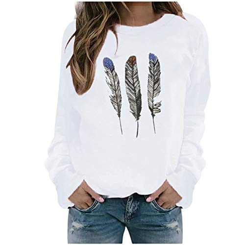 Mizily Warm Pullover Damen Rundhals Elegant Federdruck Winter Drucken Casual Lose Pulli Langarm Oberteile Weihnachten Oberteil Beiläufig Jogginganzug(Weiß,XL) Cover