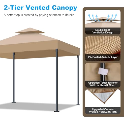 10x10 Canopy Replacement Top, Double Tiered Gazebo Cover with Air Vent Heavy Duty, Waterproof Gazebo Roof with Upgraded 300D Polyester for Outdoor Patio Garden Canopy (Khaki, Flat Edge) - Thumbnail 3
