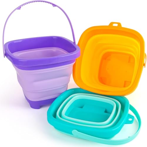 Shindel 3Set Collapsible Beach Buckets, Foldable Sand Toys, for Kids Toddlers Outdoor Activities, Beach Fun Summer Vacation, Camping Gear, Travelling