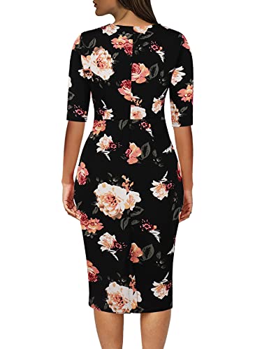 Cismark Casual Pink Flower Half Sleeve Round Neck Work Business Pencil Dress (Bkyfl M) #TOP1