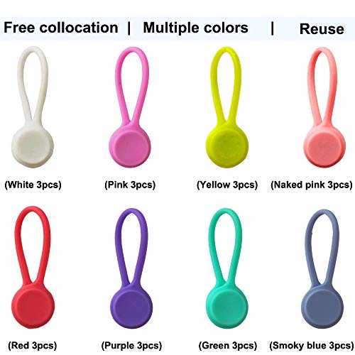 Reusable Twist Ties with Strong Magnet for Bundling and Organizing Cables,Headphone Cables,USB Charging Cords,Hanging & Holding Keychain,Silicone Cord Winder Magnetic Cable Clips (8 Colors - 24 Pack) - Thumbnail 3