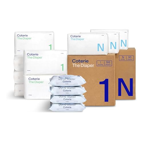 Coterie Baby Wipes + Diapers Kit, Size 1 (198 Count) & Size Newborn Diapers (93 Count), 4 Pack (224) Wipes with 99% Water, Plant Based Materials, Hypoallergenic for Sensitive Skin, Baby Essentials