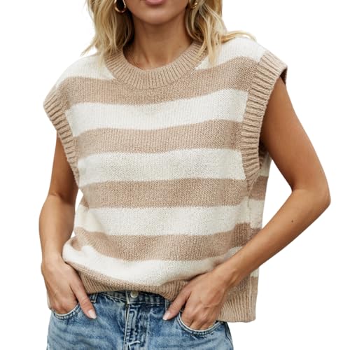 GodLover Womens Cap Sleeve Tank Tops Striped Crew Neck Casual Loose Fit Spring Summer Pullover Knit Sweater Vest Sleeve Knit