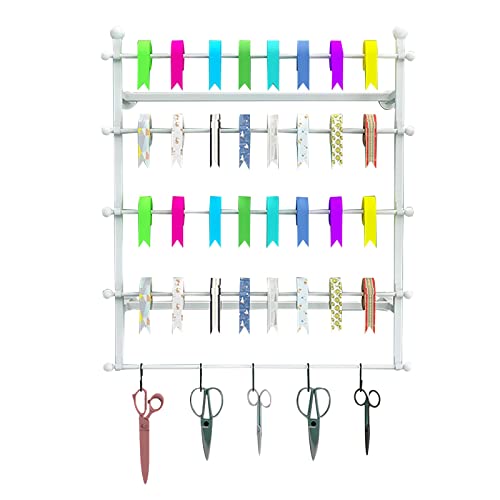 UWYTGF 80Cm/31.4In Tall Ribbon Storage Rack for Flower/Gift Store,Multi-Layer Metal Silk Scarf Holder with Removable Cross Bar,Wall Mounted,White,Length,80Cm/31.4In